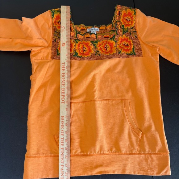 Y2K Lucky Brand Embroidered Square Neck Sweatshirt Womens M Orange Floral Boho - Picture 7 of 11